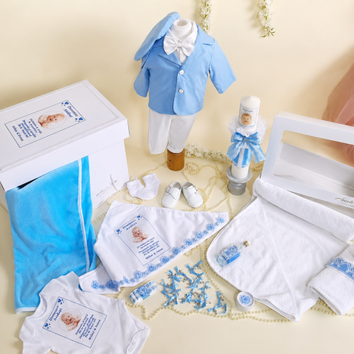 SET TRUSOU BOTEZ BAIAT ROMEO Bleu 0-8 luni “Deluxe” 19 piese