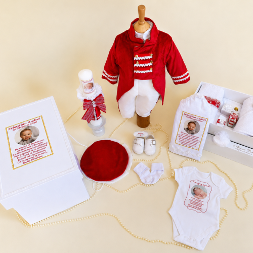 SET TRUSOU BOTEZ BAIAT ROȘU REDINGOTĂ 0-12 luni "Deluxe" 19 piese