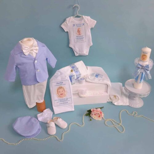 SET TRUSOU BOTEZ BAIAT ROMEO Bleu 0-8 luni “Standard” 16 piese