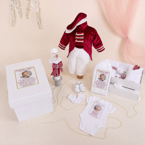 SET TRUSOU BOTEZ BAIAT BURGUNDY REDINGOTĂ 0-12 luni "Deluxe" 19 piese