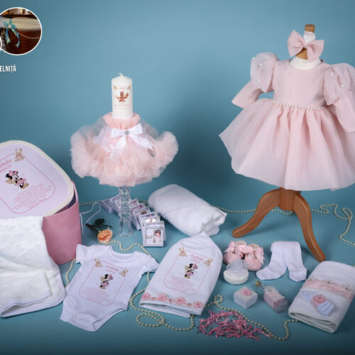 Bella roz- Set trusou botez fată roz 0-24 luni Premium - 28 piese