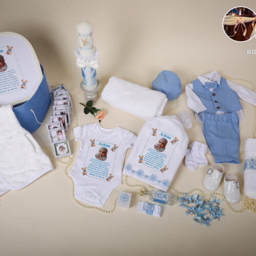 Teodor bleu pantaloni scurti - Set trusou botez baiat bleu  0-24 luni Premium - 30 piese
