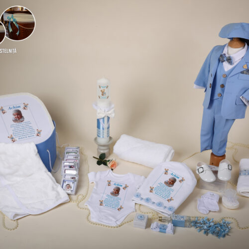 Teodor Bleu – Set Trusou Botez Băiat Bleu 0-24 luni Premium – 31 piese