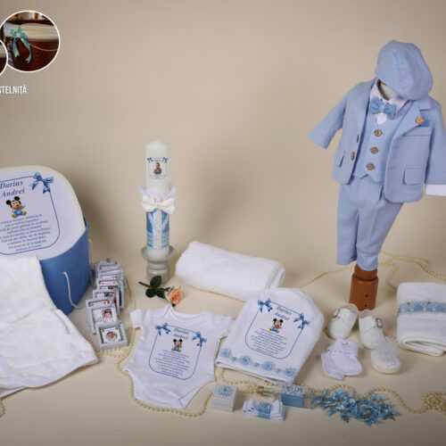 Tudor bleu- Set trusou botez baiat bleu 0-24 luni Premium - 31 piese