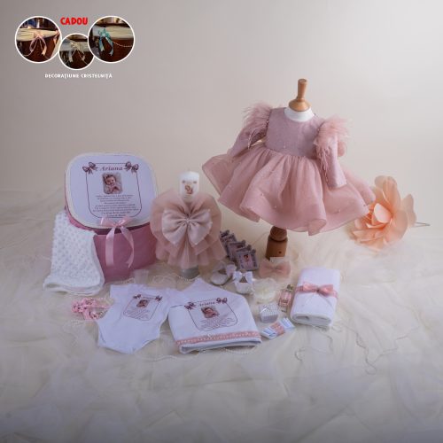 Ofelia Extra Premium – Set Trusou Botez Fetiță Roz Pudrat 0–24 luni 28 piese