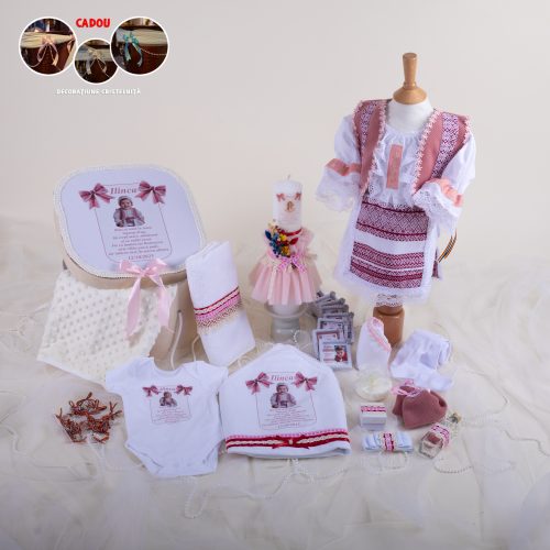 Ilinca Roz – Set trusou tradițional modern botez fată 0-24 luni Premium – 29 piese