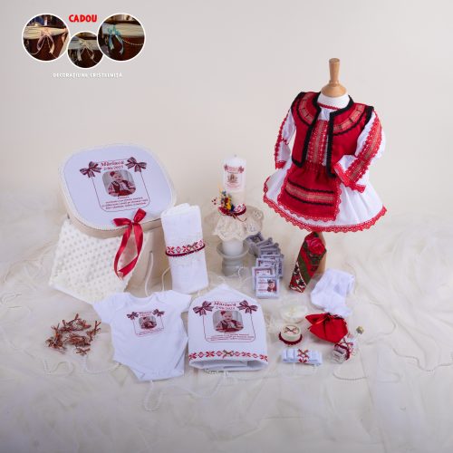 Măriuca Roșu – Set trusou tradițional modern botez fată 0-24 luni Premium – 29 piese