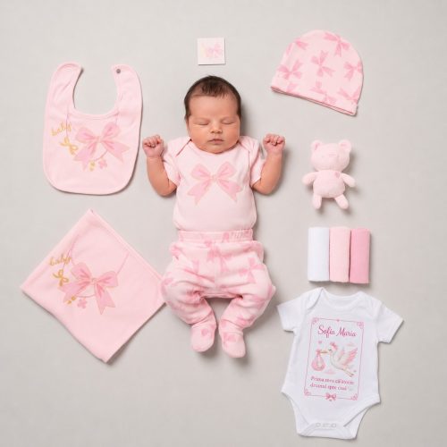 Set Cadou Nou nascut scoatere din maternitate 11 piese Fundite Roz Bumbac 100%