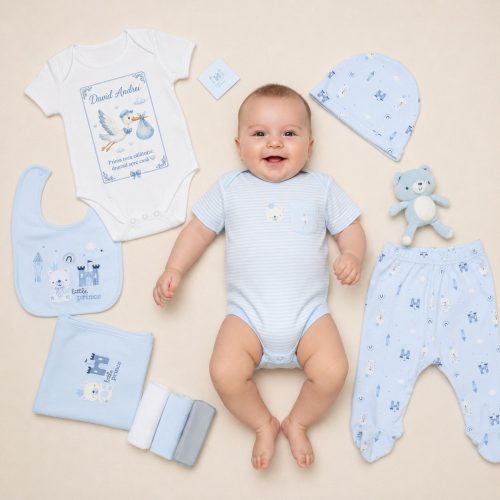 Set Cadou Nou nascut scoatere din maternitate 11 piese Micul Print Bleu Bumbac 100%