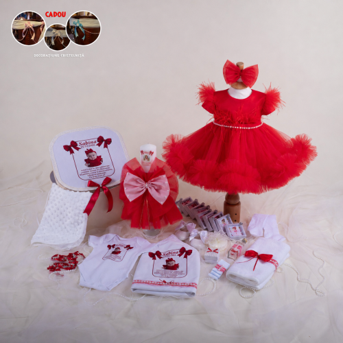 Anne Extra Premium – Set Trusou Botez Fetiță Roșu 0–24 luni – 28 piese (Mânecuță Scurtă)