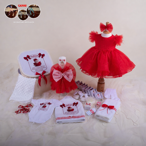 Ofelia Extra Premium – Set Trusou Botez Fetiță Roșu 0–24 luni – 28 piese (Mânecuță Scurtă)