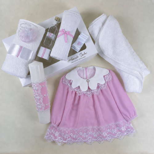 Trusou Botez Fetiță ESENȚIAL EVA, 11 Piese, Rochie și Lumânare Elegantă, Roz, 0-3 / 3-6 / 6-9 / 9-12 Luni