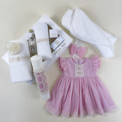 Trusou Botez Fetiță ESENȚIAL ROUA, 11 Piese, Rochie și Lumânare Elegantă, Roz, 0-3 / 3-6 / 6-9 / 9-12 Luni  (Mânecuță Scurtă)
