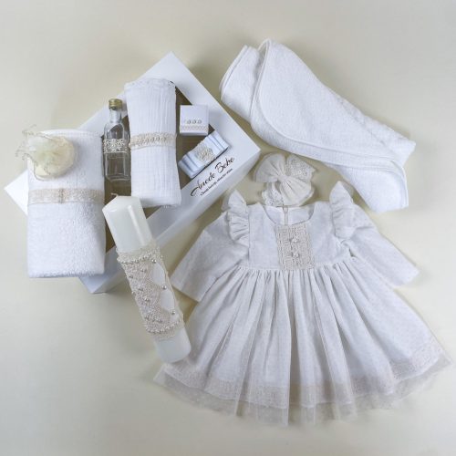 Trusou Botez Fetiță ESENȚIAL ROUA, 11 Piese, Rochie și Lumânare Elegantă, Crem-Ivoire, 0-3 / 3-6 / 6-9 / 9-12 Luni