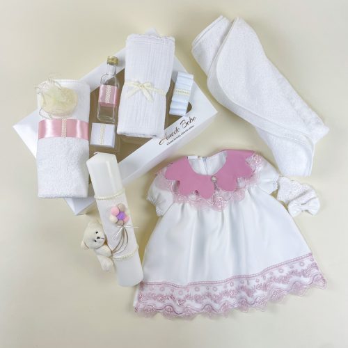 Trusou Botez Fetiță ESENȚIAL EVA, 11 Piese, Rochie și Lumânare cu Ursuleț și Baloane, Ivoire-Crem, 0-3 / 3-6 / 6-9 / 9-12 Luni (Mânecuță Scurtă)
