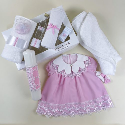 Trusou Botez Fetiță ESENȚIAL EVA, 11 Piese, Rochie și Lumânare Elegantă, Roz, 0-3 / 3-6 / 6-9 / 9-12 Luni (Mânecuță Scurtă)